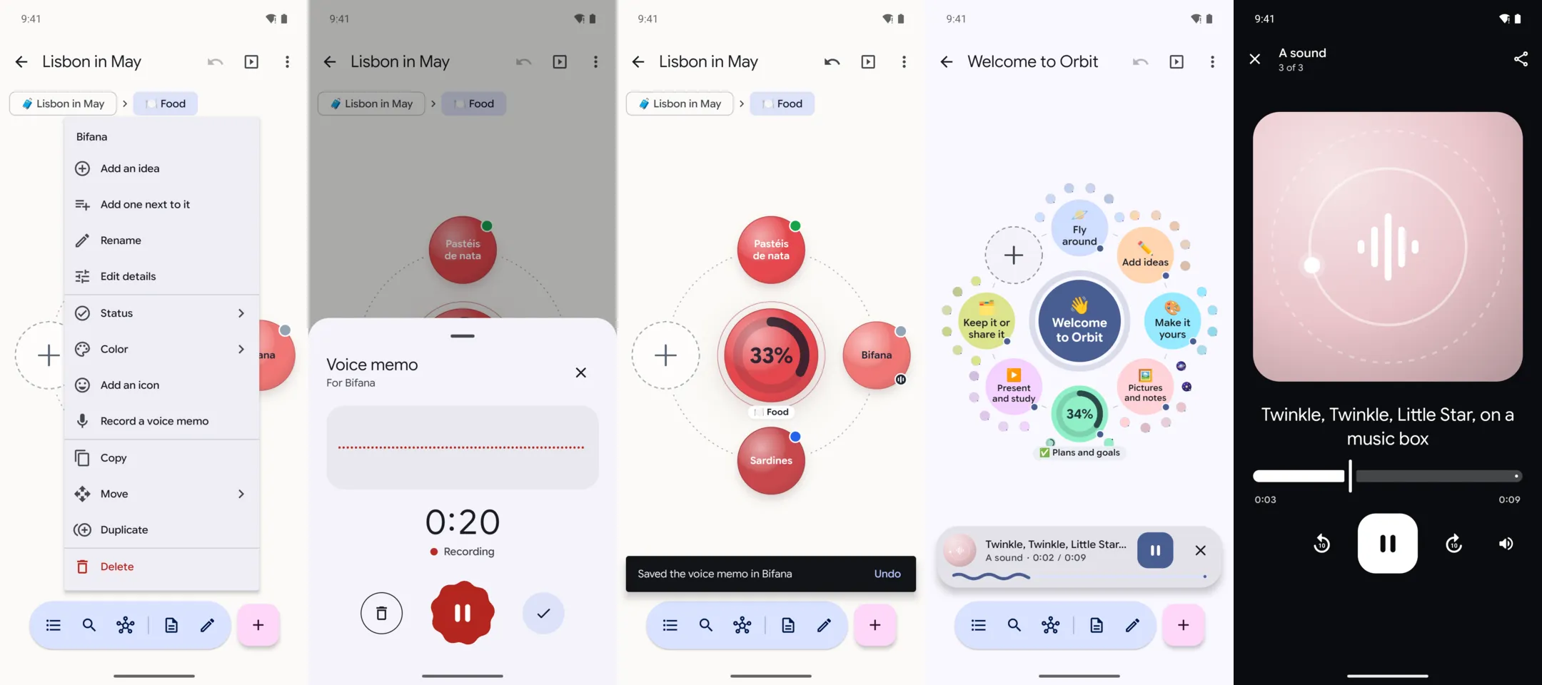 Five phone screens: an idea's long-press menu with Record a voice memo; the recorder, recording; the memo saved, with a sound wave on the idea; the welcome map with a small player playing Twinkle, Twinkle, Little Star; and that sound full screen