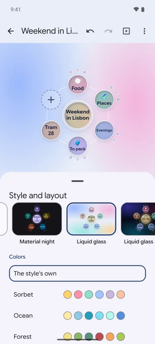 The style picker open under a map: Material night, Liquid glass, and color sets