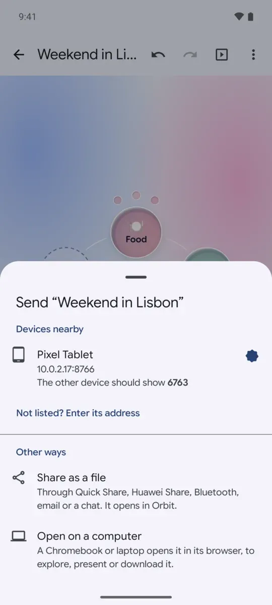 Send to a device: a tablet nearby, and a check code to compare