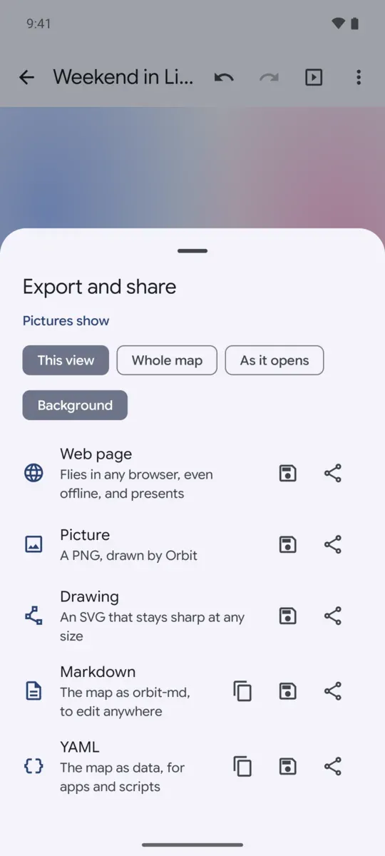 Export and share: a web page, a PNG, an SVG, markdown or YAML