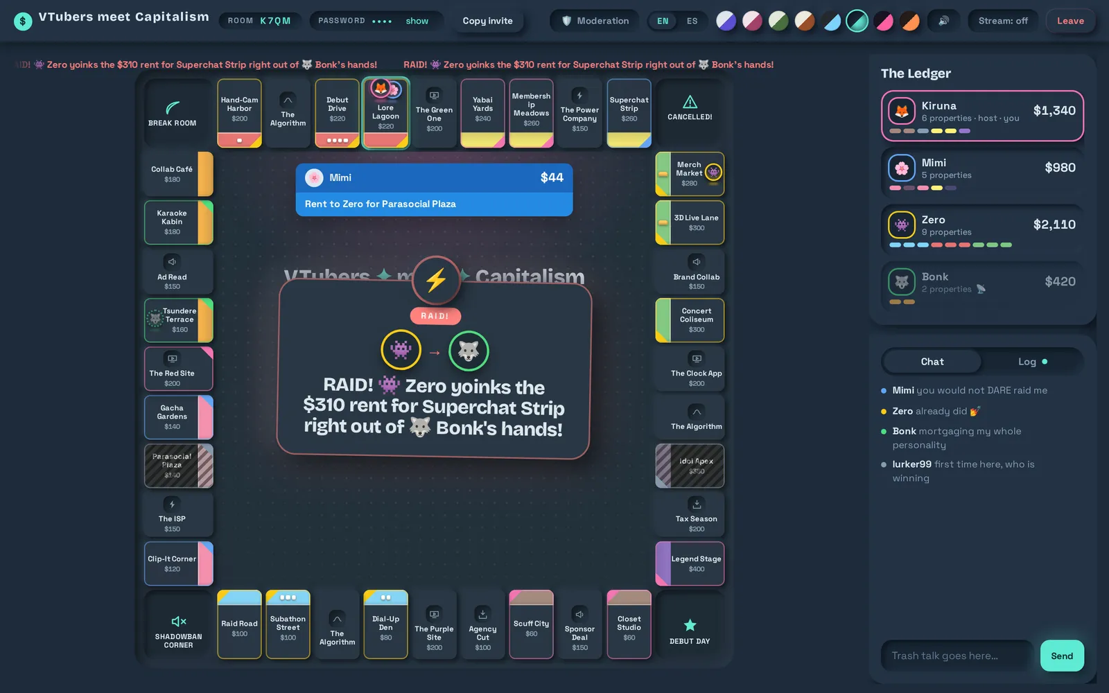 A raid landing mid-game: the raid card fills the middle of the board, a rent superchat above it, the ledger and chat on the right.