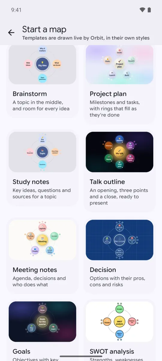 Start a map: templates, each drawn live in its own style