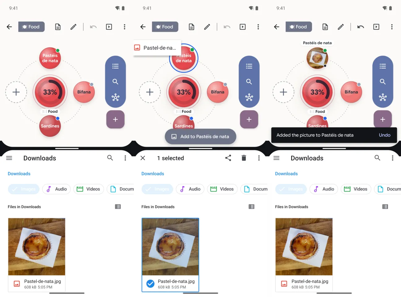 Three phone screens in split screen with Files: a photo of a pastel de nata in Files under the map, the photo dragged over the idea Pastéis de nata with the pill Add to Pastéis de nata, and the idea with its new picture