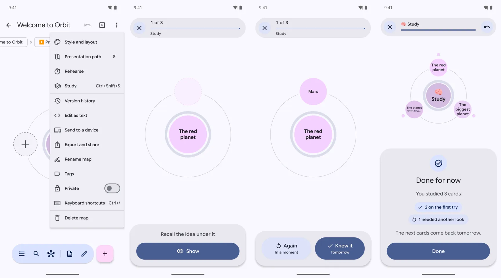 Four phone screens: the map's menu with Study; a card, The red planet, with a faint place for its hidden idea; the card revealed, Mars, with Again and Knew it; and the summary, three cards studied, two on the first try