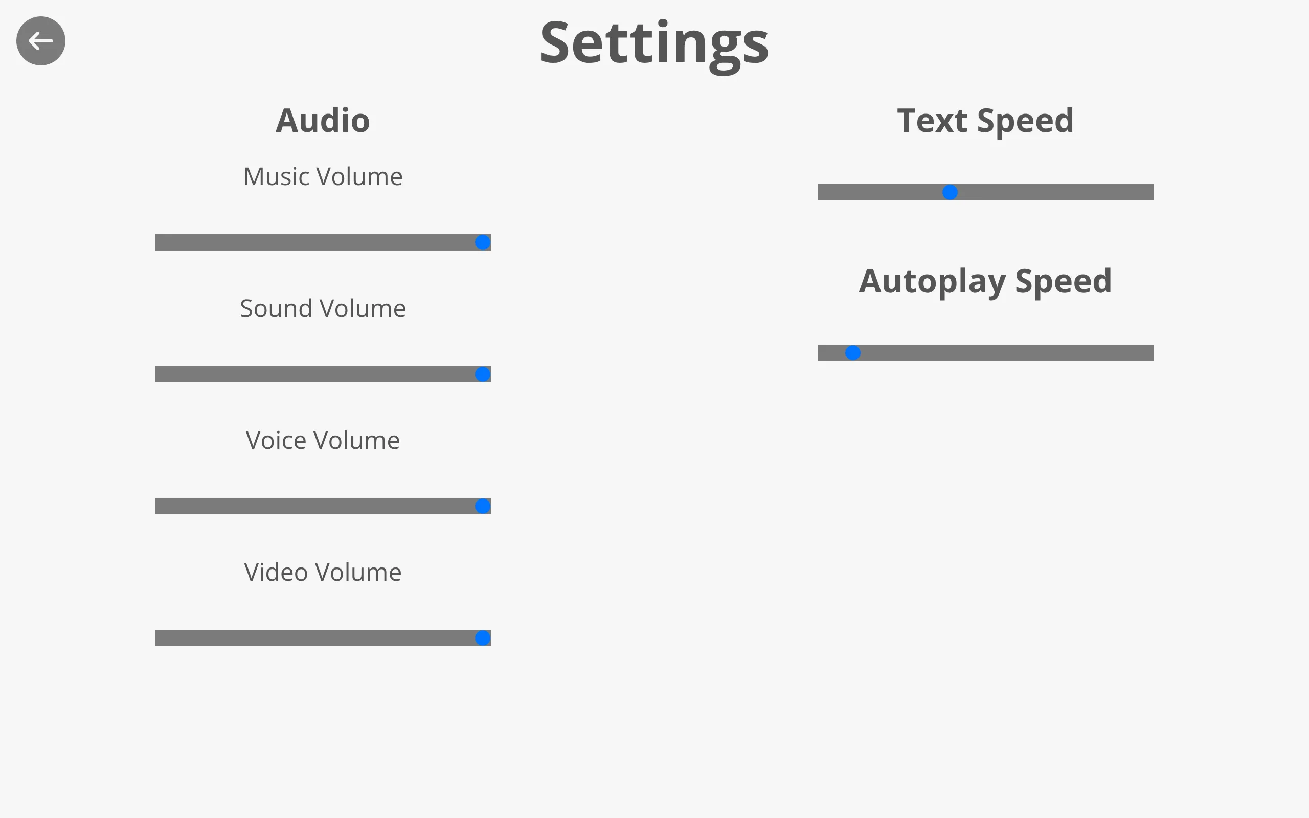 The default settings screen