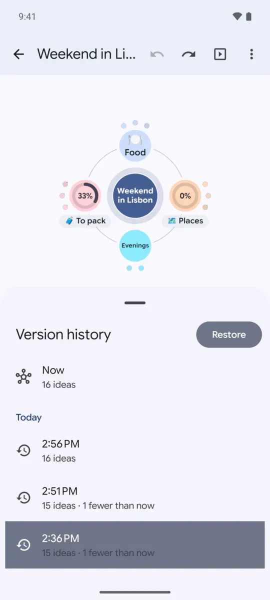 Version history: earlier versions of a map, one shown on the map, with Restore