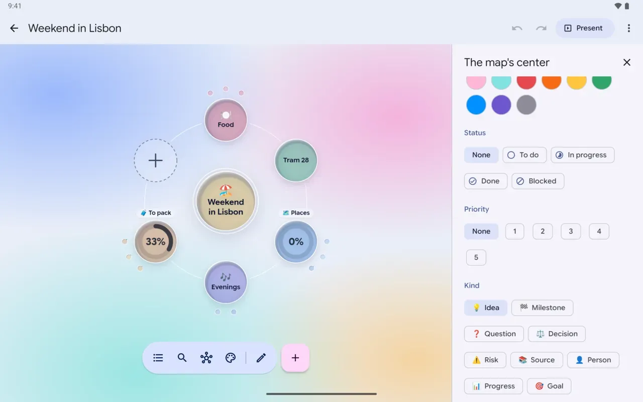 Orbit on a tablet: the editor beside the map, with colors, status, priority and every kind of idea