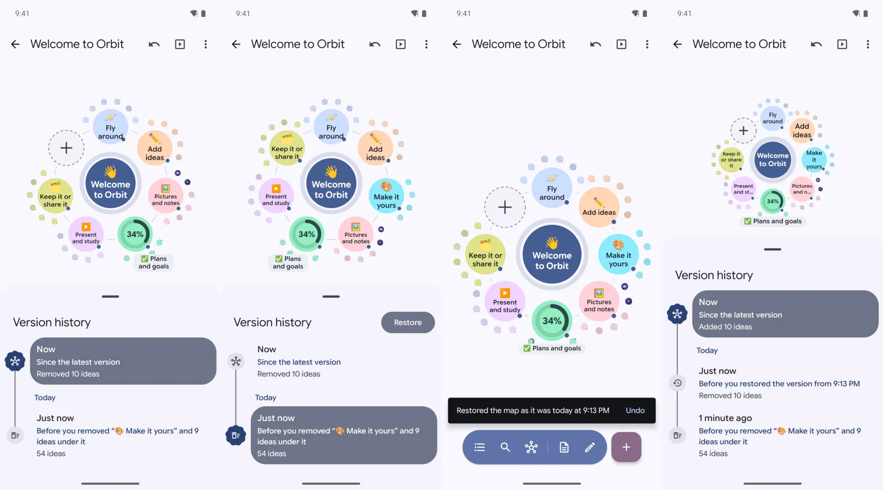 Four phone screens of the welcome map's version history: the version kept before Make it yours and its 9 ideas were removed; that version shown on the map, with Restore; the map restored, with Undo; and the history with the restore in it