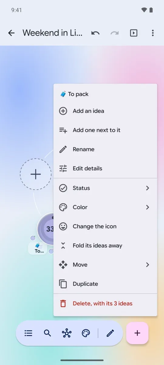 The menu a long press opens on an idea: add, rename, status, color, icon, fold, move, duplicate, delete