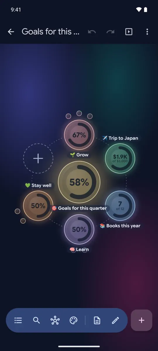 A map of goals with progress rings in the glass night style