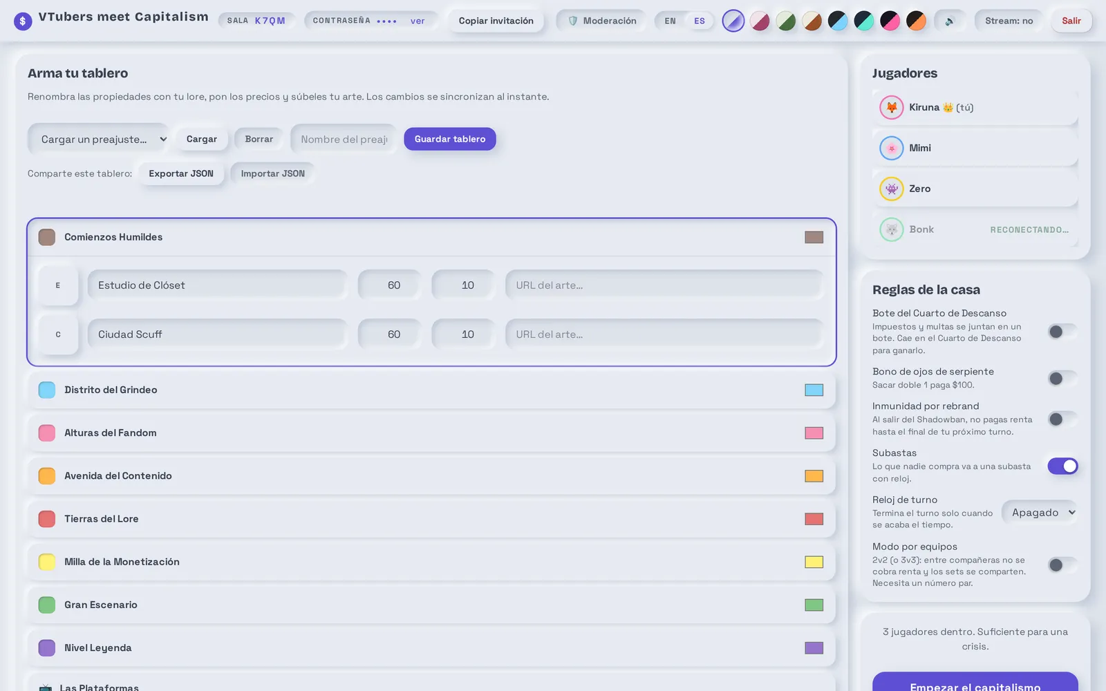 La sala de espera: el editor de tableros con cada set a la izquierda, y a la derecha la gente de la sala, las reglas de la casa y el botón para empezar.