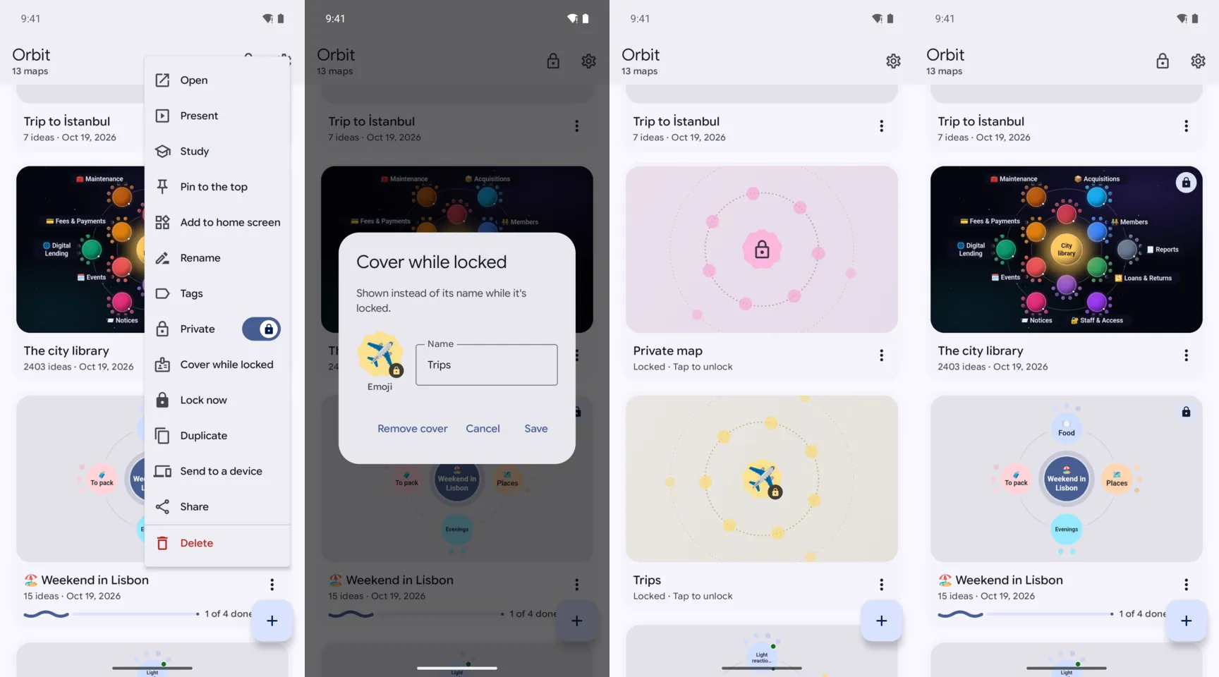 Four phone screens: a map's menu on Home with Private turned on, Cover while locked and Lock now; the cover dialog with a plane emoji and the name Trips; Home with two locked maps, one as Private map and one as Trips; and Home unlocked, with small locks on the private maps