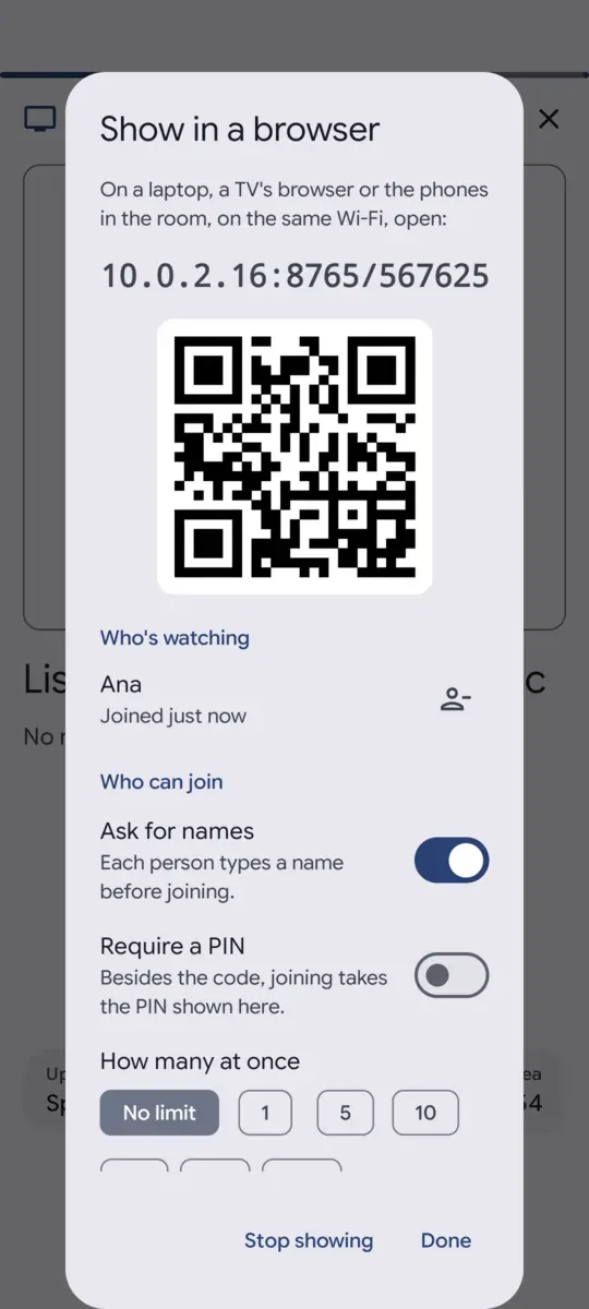 Show in a browser: the address, its six-digit code, a QR code and who's watching