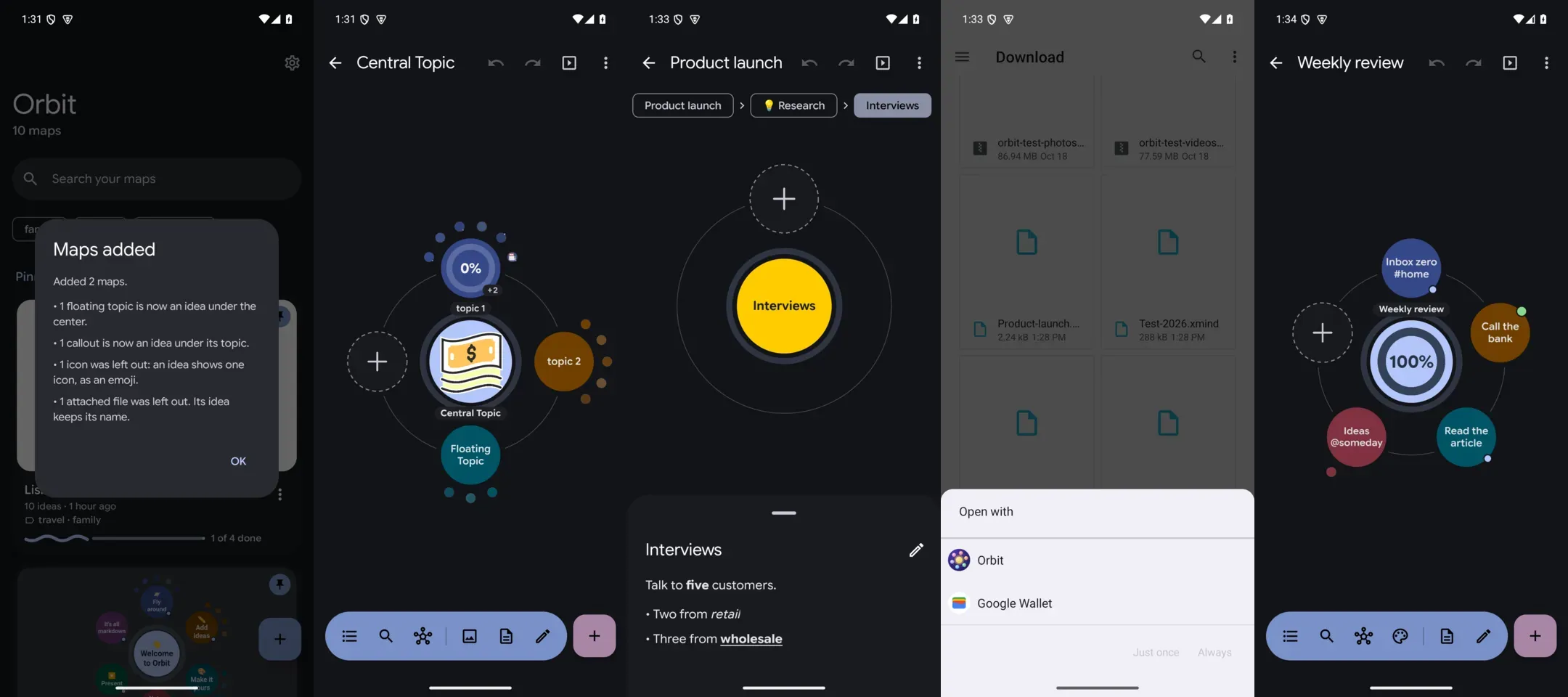 Five phone screens: Orbit's Maps added message, two maps brought in from XMind and FreeMind with a note, a files app opening an XMind file with Orbit, and a map brought in from OPML