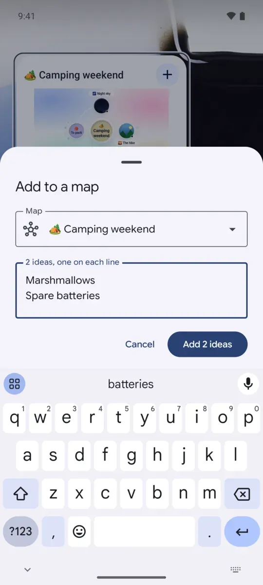The sheet that catches ideas into a map, one per line