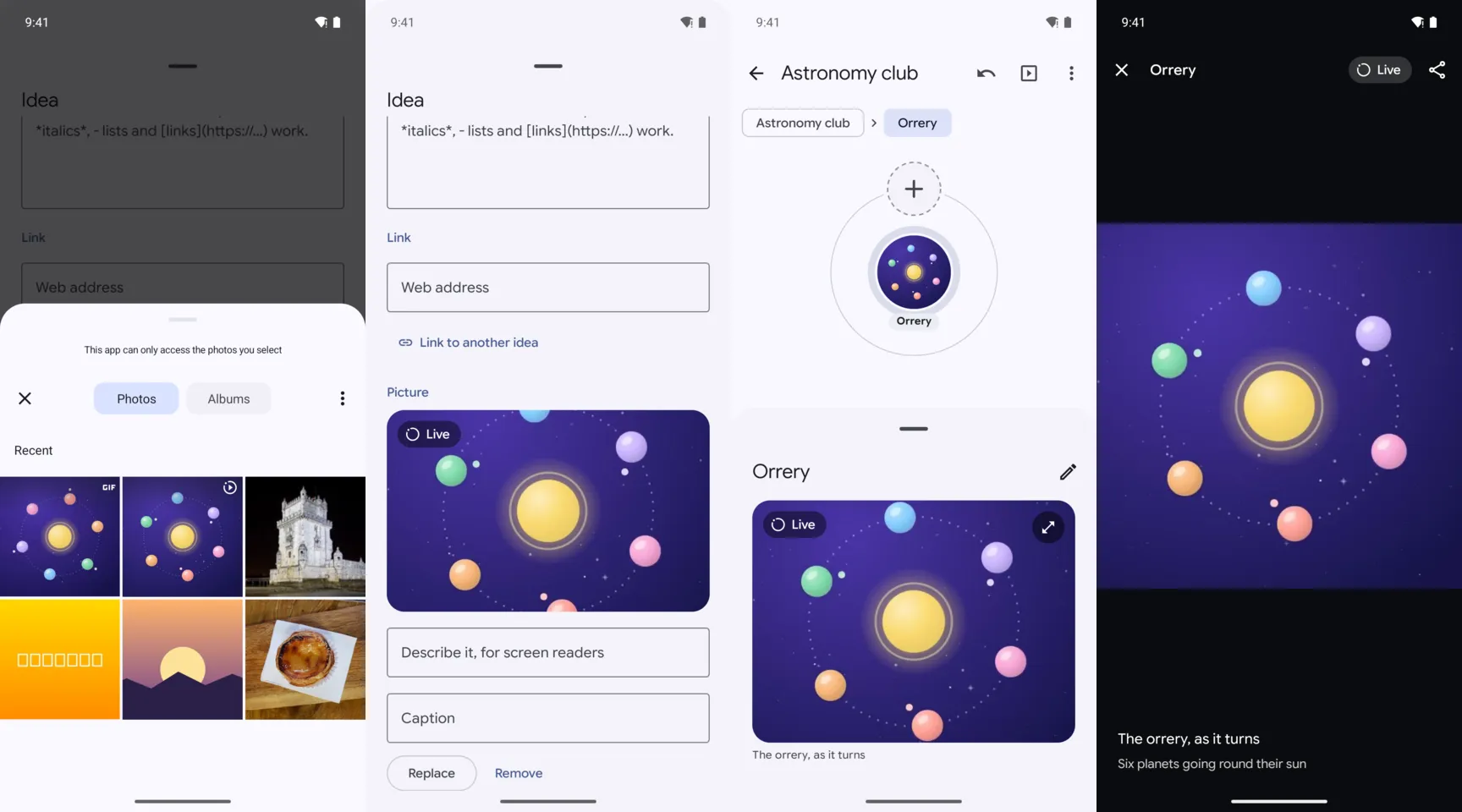 Four phone screens: the photo picker with a motion photo; the idea's editor with the picture and its Live mark; the idea's details with its Live mark; and the live photo full screen
