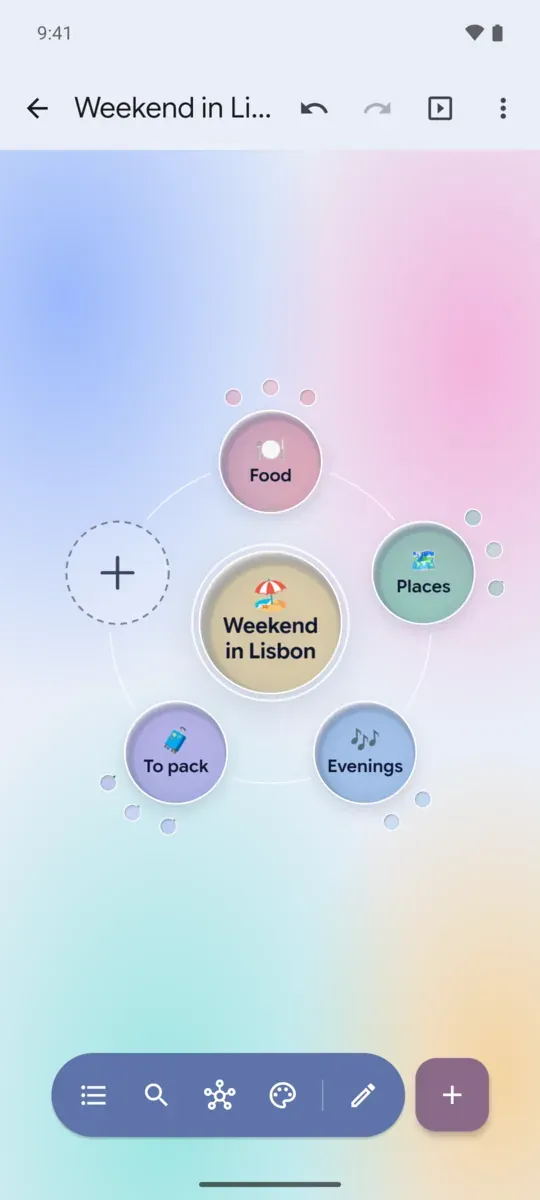 A map of a weekend in Lisbon in the liquid glass style, with a + to add an idea