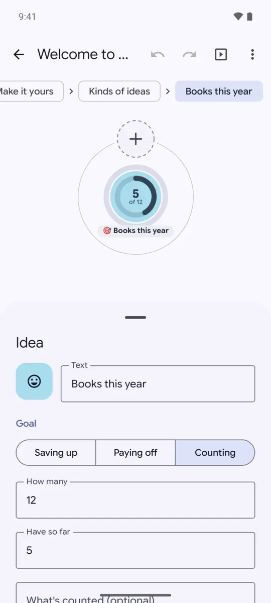 The editor open on a goal: saving up, paying off or counting, its target and how far along it is