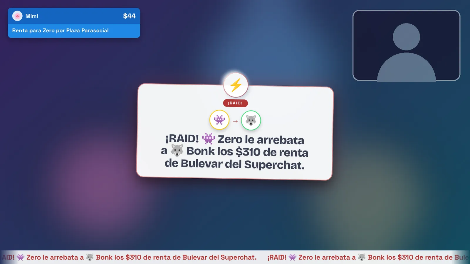 El overlay de OBS sobre una escena de stream: un superchat de renta arriba a la izquierda, la tarjeta del raid en el centro y el ticker abajo.